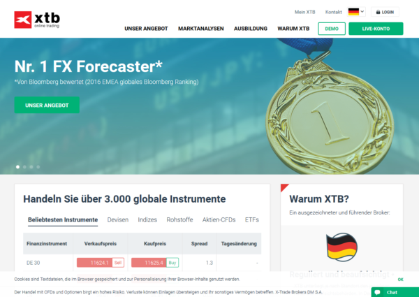 Eine übersichtliche Webseite wartet auf Trader des Online-Brokers XTB