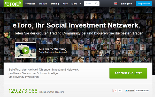 Webseite des Social Trading Brokers eToro