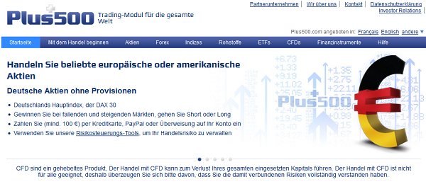 Die Internetseite des Brokers Plus500