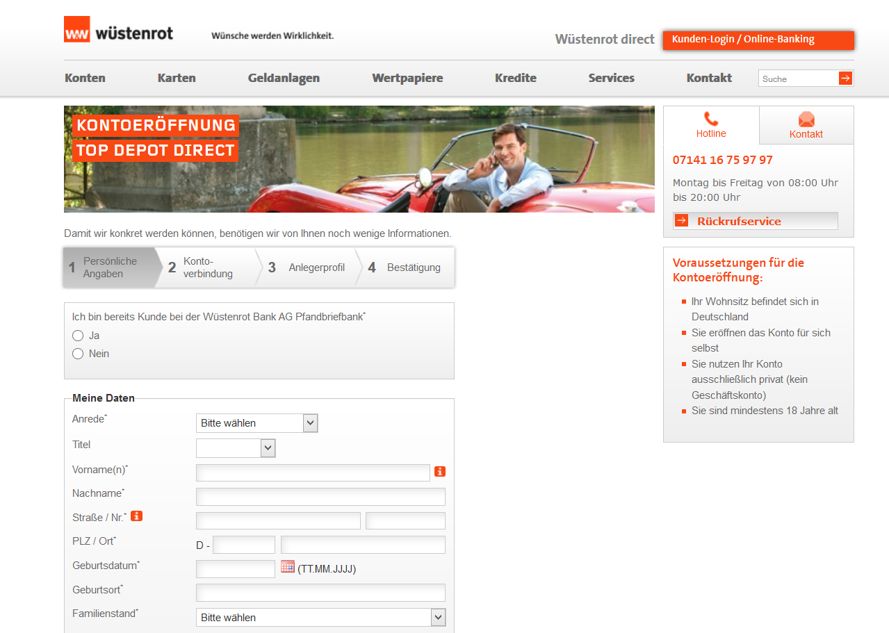 Das Registrierungsformular bei Wüstenrot direct