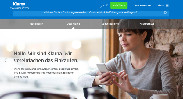 Eine übersichtliche Homepage wartet auf Anleger von Klarna