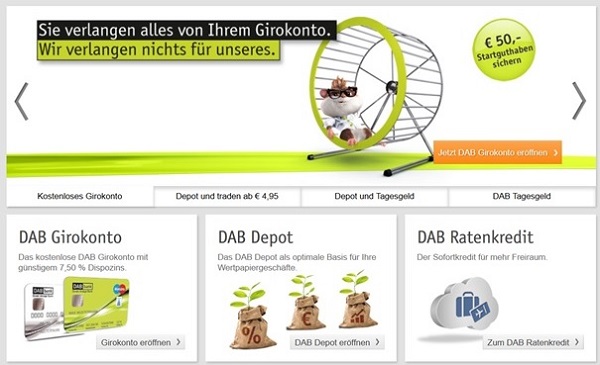 Aussehen der DAB Bank Startseite