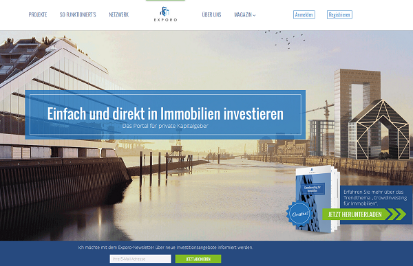 Die Webseite des P2P Anbieters Exporo