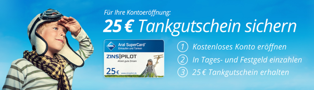 Neukunden erhalten bei Zinspilot einen Tankgutschein über 25 Euro.