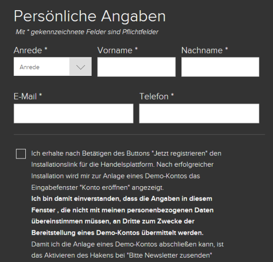 Anmeldungsformular für flatex FX-Demo-Konto