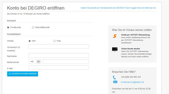 Die Anmeldemaske für die Kontoeröffnung bei DeGiro