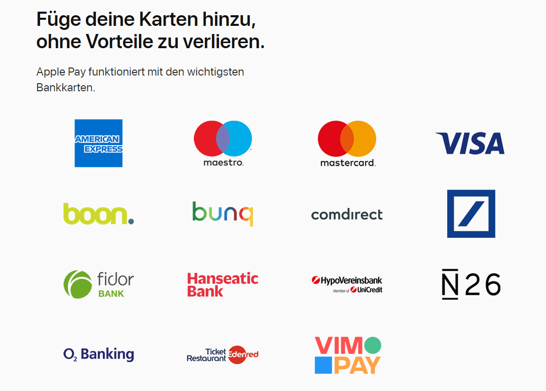 Bankkarten die Apple Pay unterstützen